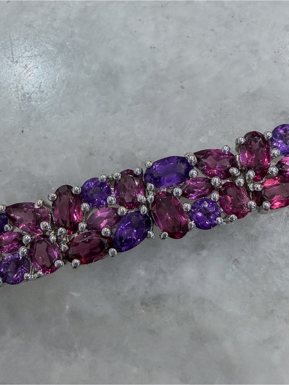 Orissa Rhodolite Garnet & Amethyst Floral Sterling Silver Wide 6.50” Bracelet - Picture 5 of 15